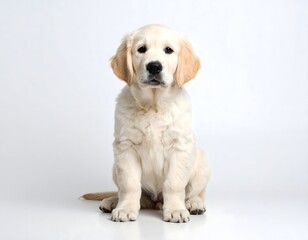 An adorable golden retriever puppy sits on a white background