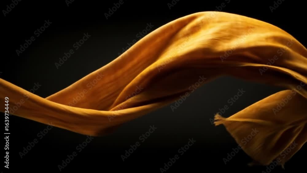 Poster elegant golden fabric flowing in slow motion against a black background creating abstract shapes
