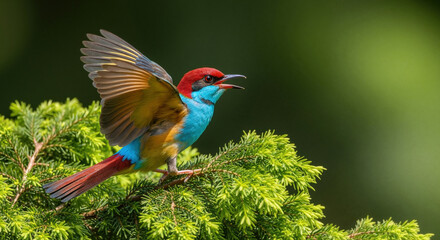 Colorful bird with red head and blue body perched on green pine branch. Small songbird for wildlife observation and nature education themes