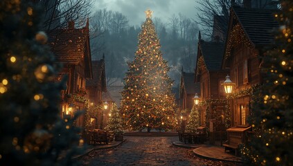 Obraz premium Magical Christmas village scene with a giant decorated tree and cozy wooden houses lit by festive lights