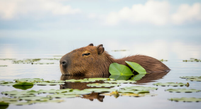 Capybara swimming in water with lily pads and green vegetation around. Largest rodent mammal in aquatic habitat for wildlife education and nature content