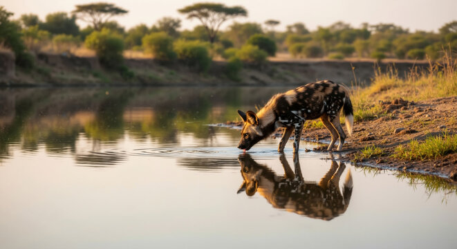 Spotted deer drinking water from river with perfect reflection in natural habitat. Wildlife animal for nature conservation and safari tourism themes - Powered by Adobe