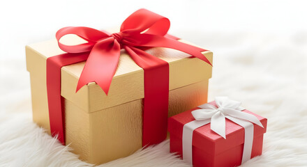 Obraz premium Elegant Gold and Red Gift Boxes with Ribbons Perfect for Holidays and Special Occasions Surprise Present Celebration Festive Packaging Christmas Birthday Anniversary Valentines Day
