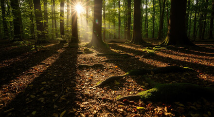 Sunlight rays filtering through dense forest canopy creating golden beams and shadows. Natural lighting for woodland conservation and environmental themes
