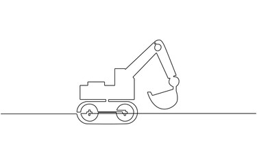 Continuous line art or one line drawing of construction backhoe vehicle, icon.