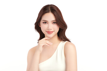 A beautiful young Asian woman with clean, fresh skin against a white background. Skincare, facial...