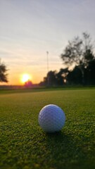 golf ball on tee Golf ball positioned on the green in the warm glow of a sunset, with a long shadow...