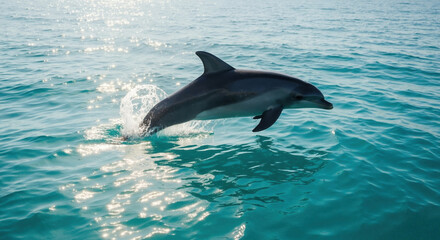 Obraz premium Dolphin jumping out of turquoise ocean water with splash creating dynamic marine display. Intelligent mammal for wildlife conservation and marine tourism themes