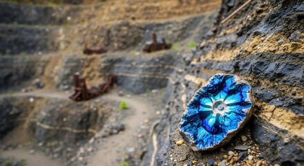 Blue crystal stone with geometric patterns on rocky excavation site surface. Mineral specimen for geology education and archaeological discovery themes