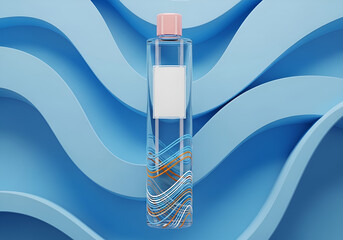 Obraz premium Clear cosmetic bottle with pink cap and blue wavy background, containing liquid and decorative elements advertising posters and food pictures for flyers, posters, prints 