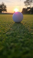 golf ball on tee. Close-up of a golf ball lying on the green grass of a golf course. Low-angle shot highlighting the texture of the turf and the details of the ball.