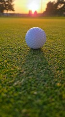 golf ball on tee. Close-up of a golf ball lying on the green grass of a golf course. Low-angle shot highlighting the texture of the turf and the details of the ball.