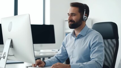 Man wearing headset working at computer in office as customer service representative or call center agent
