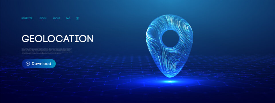 3D map pin with GPS technology and blue vector road marker for travel concepts. Abstract route path or futuristic hologram pointer for delivery services.