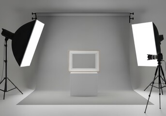 Studio Photography Setup: The scene reveals a meticulously arranged studio setup, bathed in even lighting, with softboxes positioned to illuminate a minimalist composition.