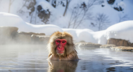 Naklejka premium Japanese macaque bathing in hot spring water with red face during winter. Snow monkey soaking in thermal pool for warmth and social behavior wildlife education