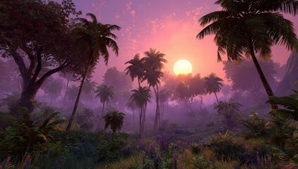 Pixel Art Tropical Sunset Jungle Landscape