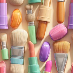 Assorted cosmetics lipsticks and brushes scattered on light background, close-up, soft lighting, pastel shades