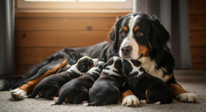 Bernese mountain dog with newborn puppies nursing on blanket indoors. Mother canine feeding young offspring for pet breeding and maternal care education content