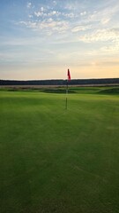 golf ball and hole Golf course with a flag on the putting green, surrounded by rolling terrain and open landscape under a clear blue sky.