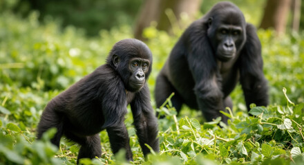 Young gorilla infant with adult standing behind in lush forest vegetation. Small primate with parent protection in natural jungle habitat for wildlife conservation education content