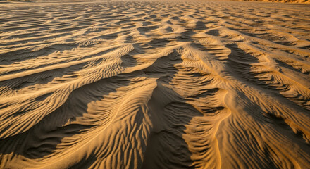 Wind carved sand patterns creating rippled texture across desert dunes surface. Natural erosion for geological formation and arid landscape themes