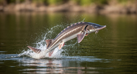 Fototapeta premium Sturgeon fish jumping out of water creating splash in natural river habitat. Powerful aquatic wildlife behavior demonstrating strength and agility for fishing content