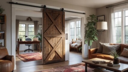 Interior design with rustic wooden sliding door