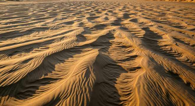 Wind carved sand patterns creating rippled texture across desert dunes surface. Natural erosion for geological formation and arid landscape themes