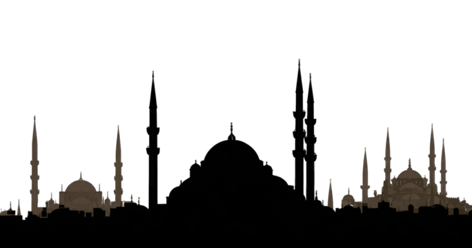 Silhouetted mosque skyline at night
