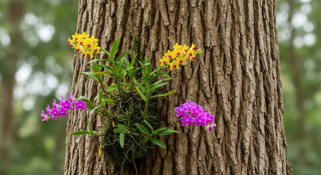 Fototapeta Colorful orchid flowers blooming on tree trunk with purple and yellow petals. Tropical epiphyte plant for botanical and gardening themes
