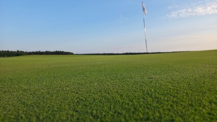 green grass and blue sky Golf course with a flag on the putting green, surrounded by rolling terrain and open landscape under a clear blue sky.