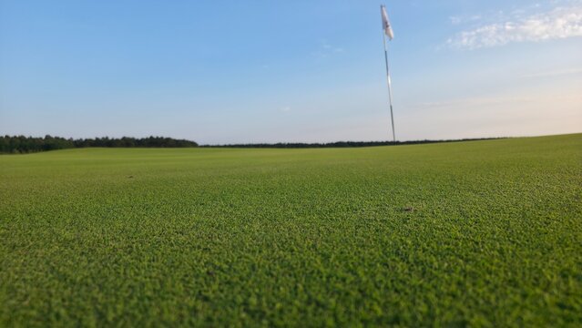 green grass and blue sky Golf course with a flag on the putting green, surrounded by rolling terrain and open landscape under a clear blue sky.