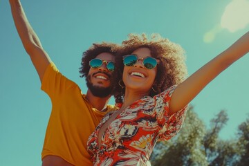young couple laughing and raising hands