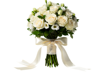Elegant white rose and eustoma wedding bouquet with satin ribbon isolated on transparent background