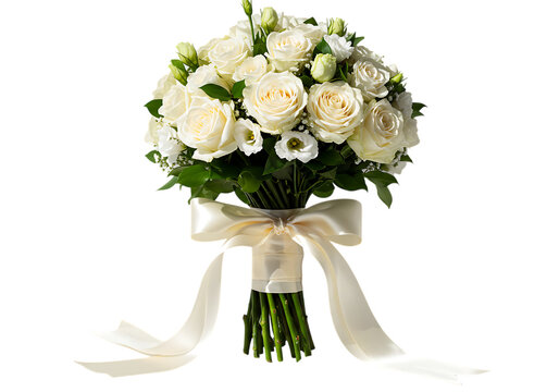 Elegant white rose and eustoma wedding bouquet with satin ribbon isolated on transparent background