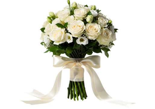 Elegant white rose and eustoma wedding bouquet with satin ribbon isolated on transparent background - Powered by Adobe