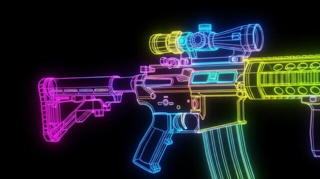 Neon AR-15 Rifle - A vibrant, neon-colored outline of an AR-15 rifle with a scope is displayed against a black background.