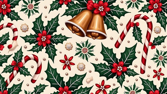 Vintage christmas pattern with holly bells and candy canes - Powered by Adobe