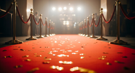 Red Carpet Entrance Exclusive Event Celebrity Premiere Golden Confetti Awards Show VIP Access Hollywood Glamour Pathway Success Achievement Star