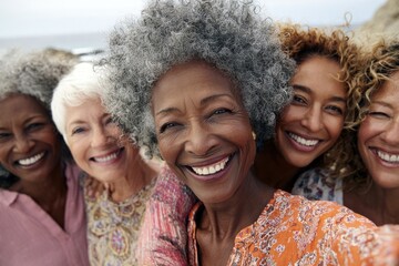 Five cheerful women celebrating friendship at a beach during a sunny day in spring
