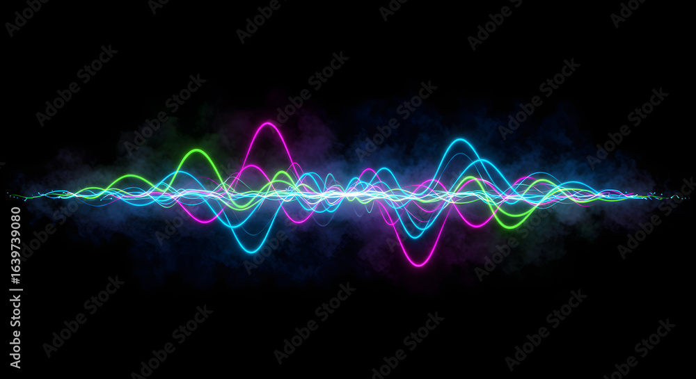 Aufkleber abstract glowing multi-colored sound wave representation with dark background and simulated smoke fo