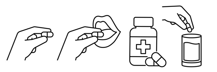 Taking or eating a pill icon set. Sick people takes a pill or supplement or vitamin. Hand putting a pill into the a glass of water. Put a pill in the mouth. Vector Illustration.