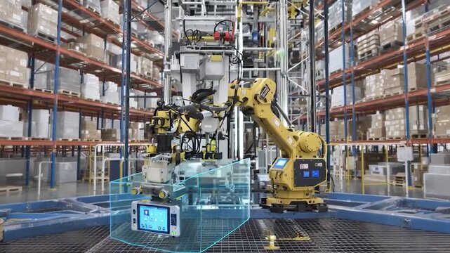 Automated Warehouse Robotics: Yellow Robotic Arm in Action with Pallet Handling System