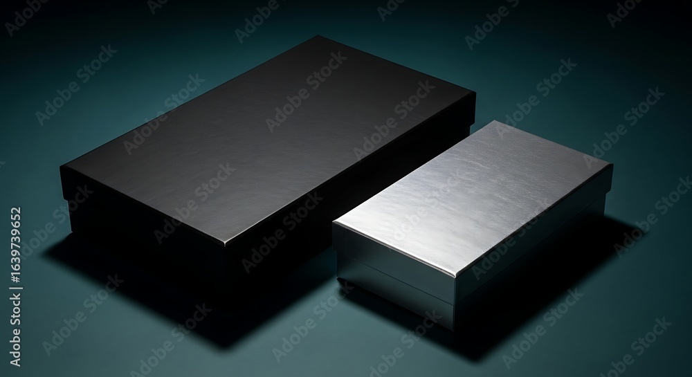 Poster minimalist arrangement of two rectangular boxes on a dark teal background