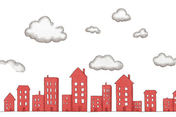 Simple skyline with red buildings and white clouds