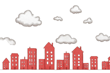 Simple skyline with red buildings and white clouds