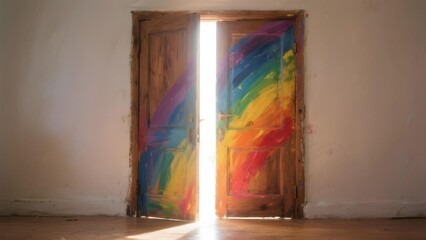 Wooden doors painted with rainbow colors opening to bright light concept of neurodiversity inclusion opportunity and positive future
