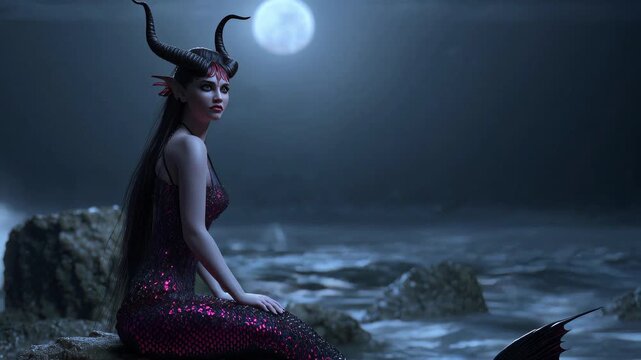 Elegant Horned Siren Mermaid Under Moonlight | Cinematic 3D Animation
