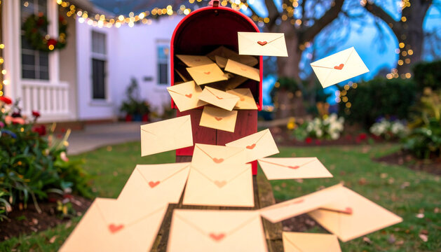 A red outdoor mailbox filled with paper envelopes featuring heart logos, letters flying out against a residential background. Perfect for concepts of love letters, communication, and postal service.